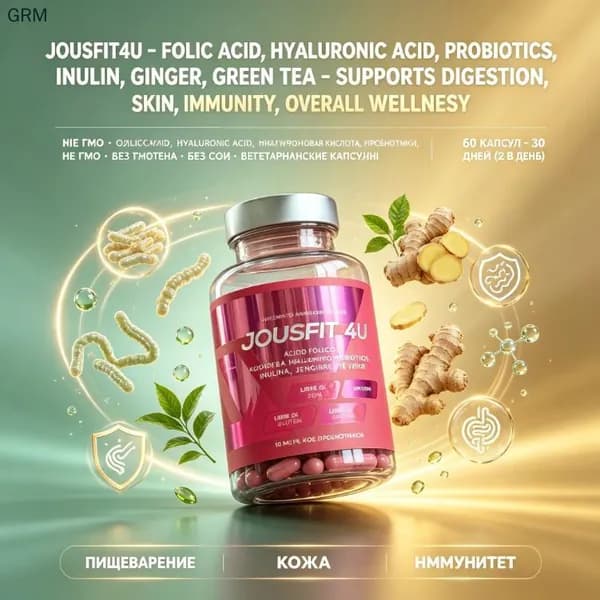 JOUSFIT4U, комплекс для пищеварения, кожи и иммунитета, инулин, пробиотики 10 млрд КОЕ, гиалуроновая кислота, фолиевая кислота, имбирь, зелёный чай, 60 капсул