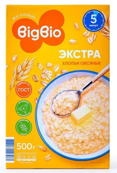 Хлопья овсянные Экстра3. Без ГМО. ГОСТ :21149-2022. 500 гр.