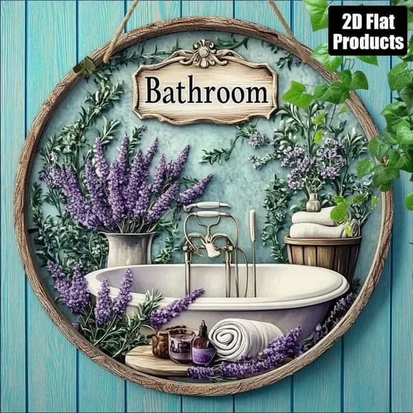 Круглая металлическая табличка Bathroom лаванда декор для ванной комнаты подарок