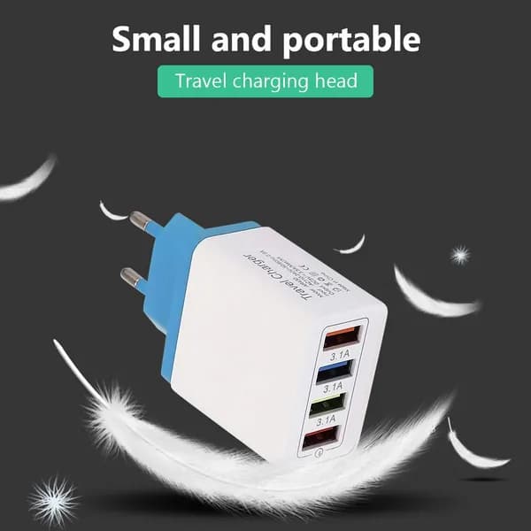 USB-зарядное устройство на 4 порта, 5 В / 1 А, европейский стандарт, цвет озёрный синий