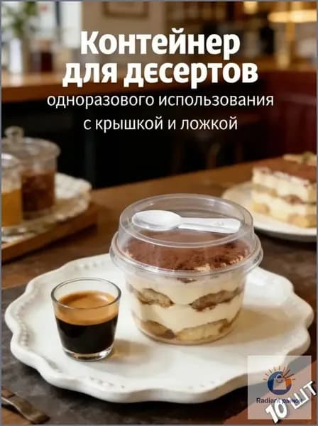 Десертный стаканчик с крышкой и ложкой, одноразовый, прозрачный, 10 шт.