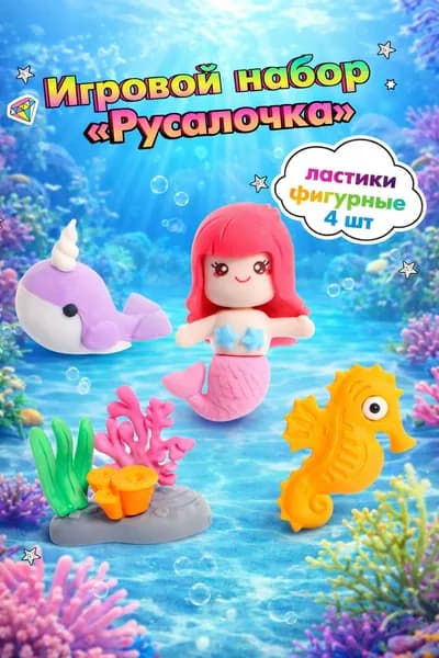 Игровой набор Русалочка , фигурные ластики 4 шт, канцелярский набор для детей, стирательные резинки