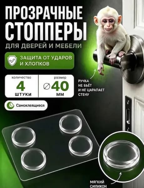 Ограничитель для двери (стоппер) силиконовый настенный, противоударный, самоклеящийся, набор 4 шт., прозрачный