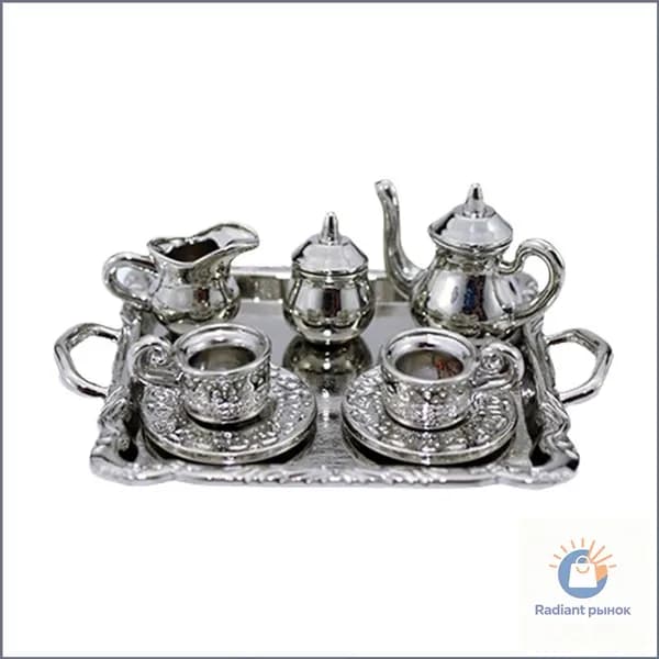 Миниатюрный чайный сервиз с узорами (серебряный)