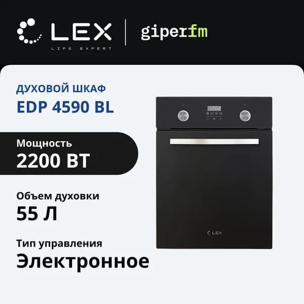 Электрический духовой шкаф LEX EDP 4590 BL встраиваемый, 45 см, гриль и конвекция, таймер и дисплей, черный