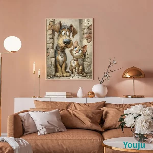 Диамантная картина Собака и кошка 30 40 см, 5D, с резиновыми стразами