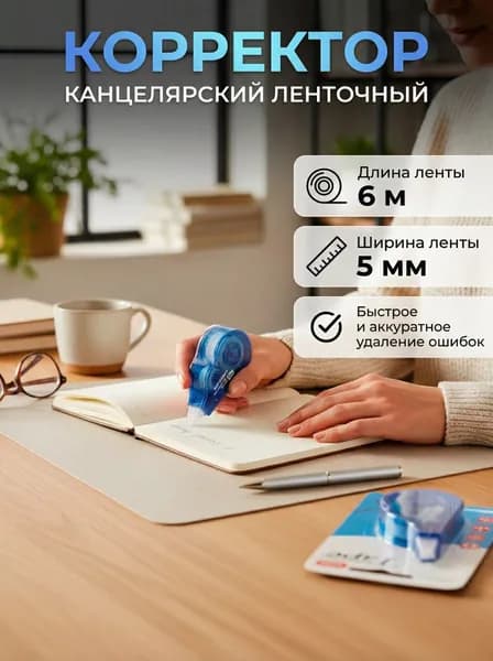 Корректор канцелярский, замазка корректирующая, 6мх5мм, цвет ленты белый, 1 шт. Голубой