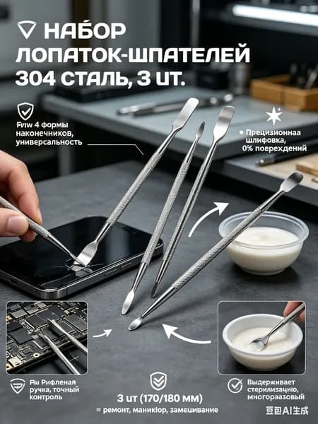 Набор универсальных лопаток-шпателей из нержавеющей стали 304, 3 шт. - двусторонние, 170/180 мм - для ремонта телефонов, вскрытия экранов, маникюра, замешивания материалов - рифленая ручка,