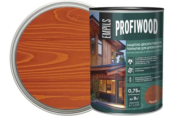 Защитно-декоративное покрытие для древесины PROFIWOOD, 0,75 л/ 0,7 кг. Для внутренних и наружных работ. Цвет: Рябина, полуматовое покрытие