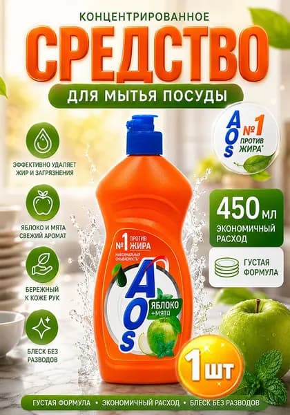 Средство для мытья посуды Aos (Аос) Яблоко и мята, 450 мл х 1шт