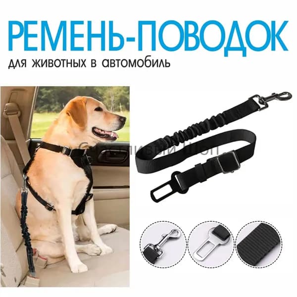 Ремень безопасности в машину для собак и кошек / чёрный регулируемый ремень для собак мелких и средних пород / длина 45-65 см ширина 2.5 см