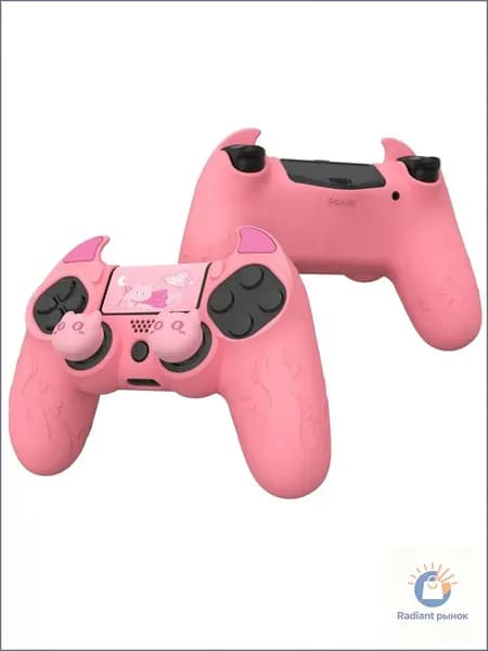 PlayVital Силиконовый чехол для геймпада PS4 Cute Demon, антискользящий, с насадками на стики, розовый