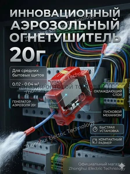 Автономная установка аэрозольного пожаротушения, автоматический огнетушитель для автомобиля, электрощита и ИБП, крепление на DIN-рейку, термоактивирующийся, 20г