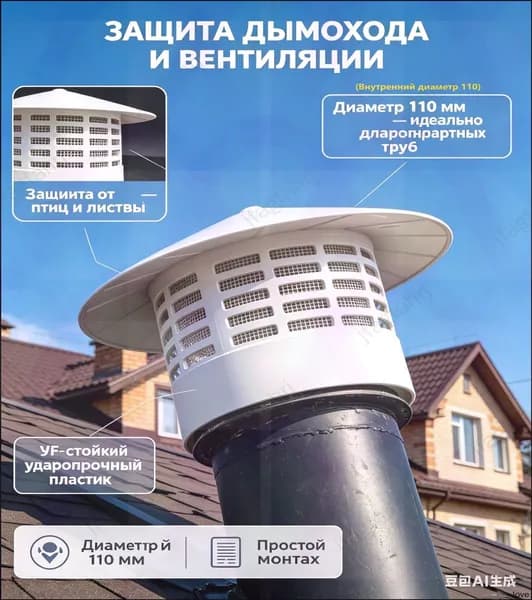 Колпак на дымоход и вентиляцию 110 мм, зонт на трубу вытяжки пластиковый - оголовок для канализации и кровли, де