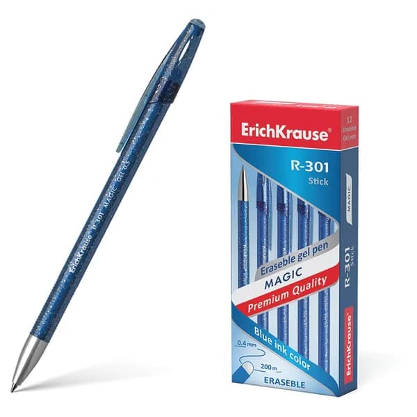 Ручка стираемая гелевая Erich Krause "R-301 Magic Gel", СИНЯЯ, корпус синий, узел 0,5 мм, линия письма 0,4 мм (45211)