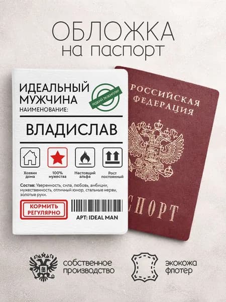 Обложка на паспорт "Идеальный мужчина" с именем Владислав