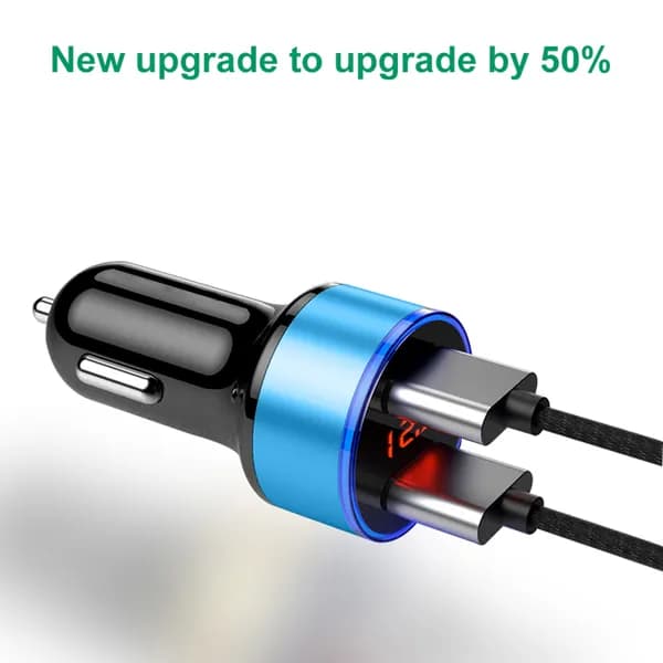 Автомобильное зарядное устройство с двумя USB-разъёмами и цифровым дисплеем, синее