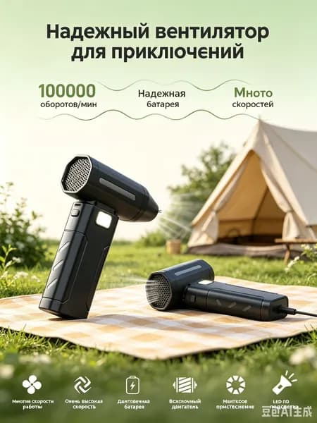 Фен для розжига углей с аккумулятором / воздуходувка для костра с встроенным фонариком / вентилятор для гриля и барбекю