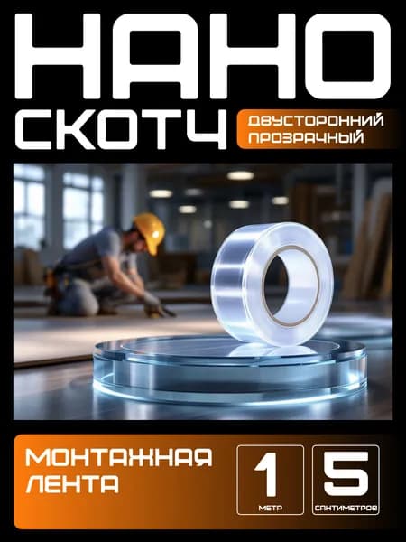 1m-5cm. НАНО СКОТЧ прозрачный многоразовый двусторонний водостойкий. Крепление без сверления картин, зеркал, часов, фото, полок, табличек, постеров, крючков. Сильная фиксация. Нано лента.