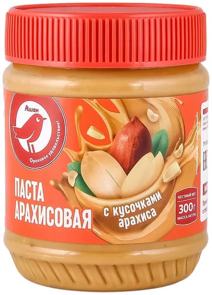 Паста арахисовая АШАН Красная птица с кусочками арахиса, 300 г