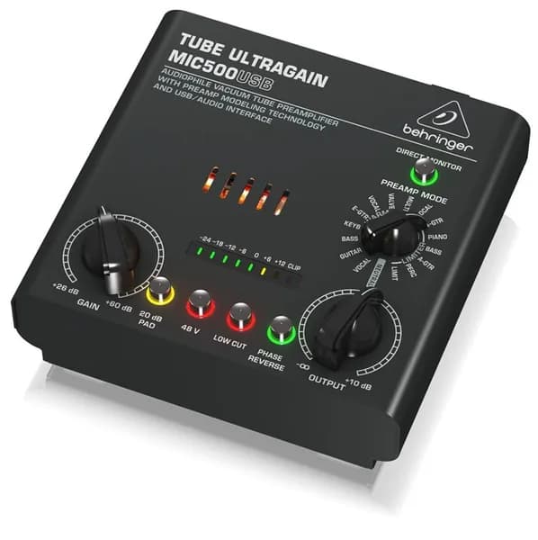 Behringer MIC500USB ламповый предусилитель, USB-аудио интерфейс 2x2, инстр. вход, функция моделирования, выход на наушники
