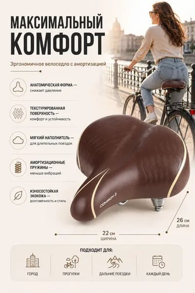 Седло велосипедное комфортное COMIRON BAKU 260x220. Цвет: Браун