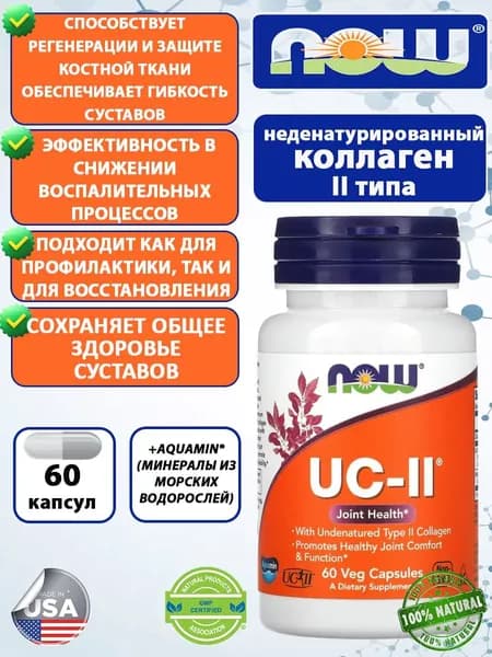 NOW FOODS Коллаген UC-II, Коллаген 2 типа неденатурированный 60 капсул.