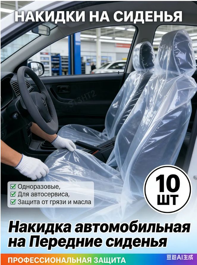 Одноразовые накидки на передние сиденья полиэтилен 10 шт для защиты авто при поездках и ремонте