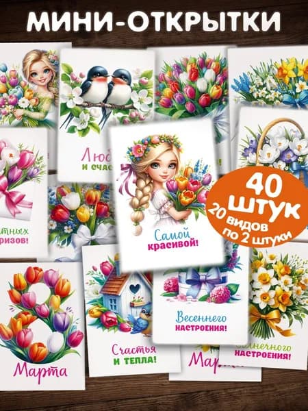 Мини открытки бирки на 8 марта набор 40 шт