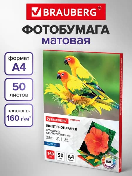 Фотобумага матовая / бумага для печати фото на струйных принтерах, А4, 160 г/м2, односторонняя, 50 листов, Brauberg