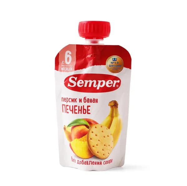 Пюре Персик, банан с печеньем, 100 г, Semper, Испания