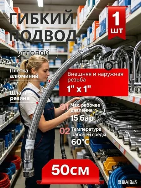 Гибкий подвод угловой 0.5м "4WATER" ( 1"x1" вн./нар.)( Соединительный шланг на насосную станцию)