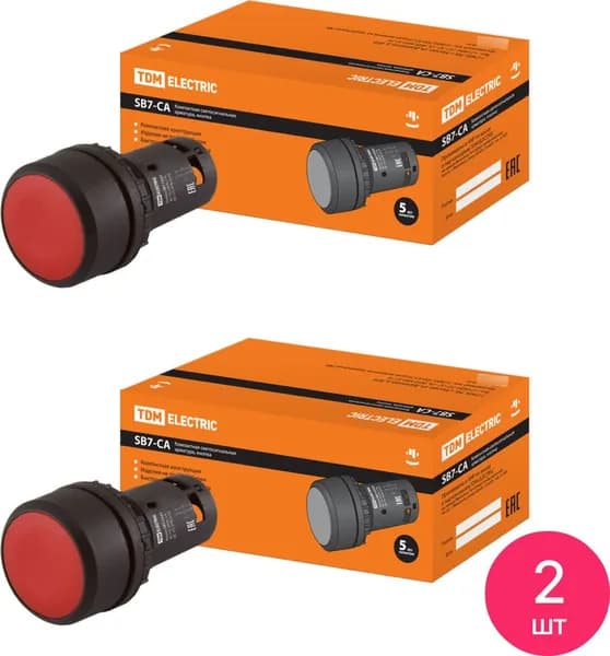 Кнопка управления TDM Electric / ТДМ Электрик SB7-CA45 с возвратом 1НО+1НЗ, красная, IP54, под отверстие диаметром 22мм, SQ0746-0012 / кнопочный пост (комплект из 2 шт)