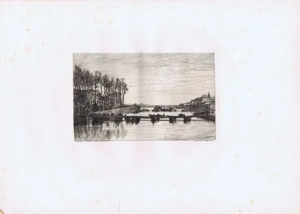 Шато-Гонтье. Руины старого моста и лодочный мост. Антикварная гравюра (офорт). Франция, 1872 год