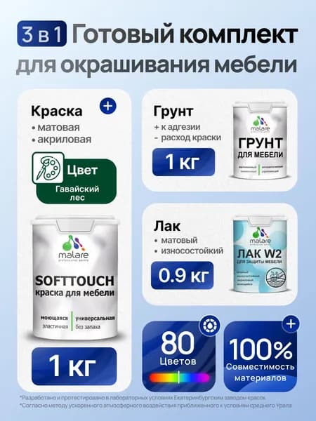Комплект Malare SoftTouch для окрашивания мебели (1кг грунт + 1 кг краска + 0.9кг лак), акриловый, без запаха, быстросохнущий, матовый, цвет гавайский лес