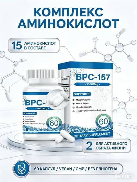 Аминокислотный комплекс в капсулах 60шт, пищевая добавка для активного образа жизни-15 аминокислот без глютена и лактозы для ежедневного приема
