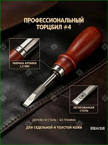 Кромкорез для кожи 1.2 мм (торцбил №4), инструмент для снятия фаски на толстой и чепрачной коже, стальной с деревянной ручкой