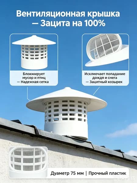 Колпак на вентиляционную трубу 75 мм, дефлектор кровельный - защита от дождя, птиц и грызунов, оголовок пластиковый для вытяжки и канализации.