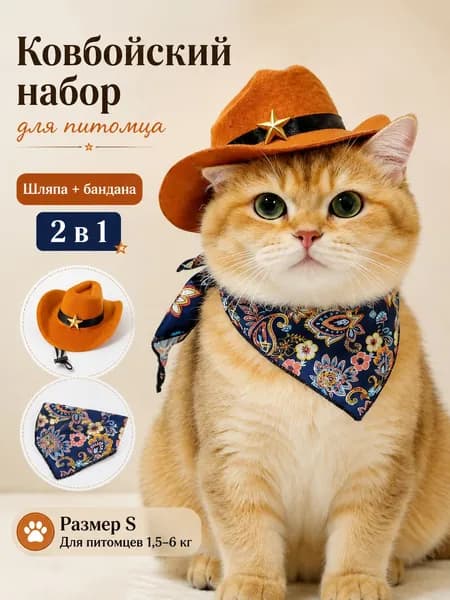 Ковбойский набор для питомца S, шляпа и бандана для кошек и маленьких собак, аксессуар для фотосессии