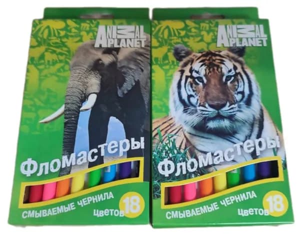 Фломастеры 18 цветов, смываемые чернила на водной основе, картон с европодвесом ANIMAL PLANET ACTION!