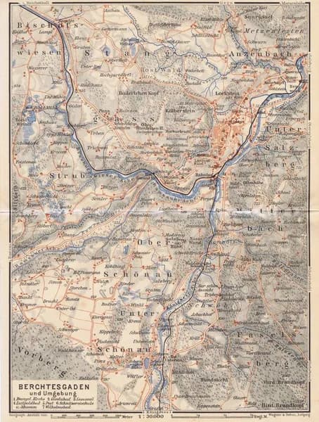 Географическая карта антикварная. Германия. Город Берхтесгаден и его окрестности. Смешанная техника. Германия, 1912 год