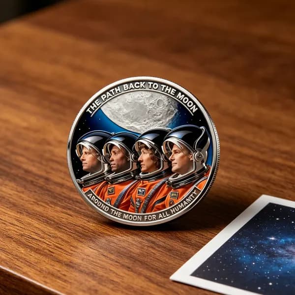 Памятная монета Артемида-2 с рельефным изображением экипажа и лунного полёта