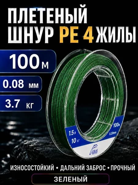 Плетеный шнур PE для рыбалки 4-жильный, 100 м, #0.2, 0.08 мм, 3.7 кг, зеленый