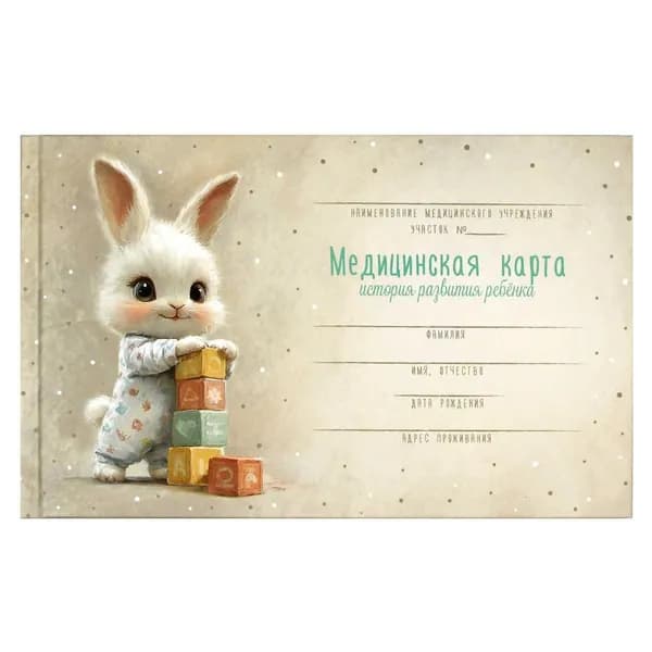 Медицинская карта ребенка форма 112/у, А5 96л, твёрдый переплёт, разноцветный принт "Зайка с кубиками"