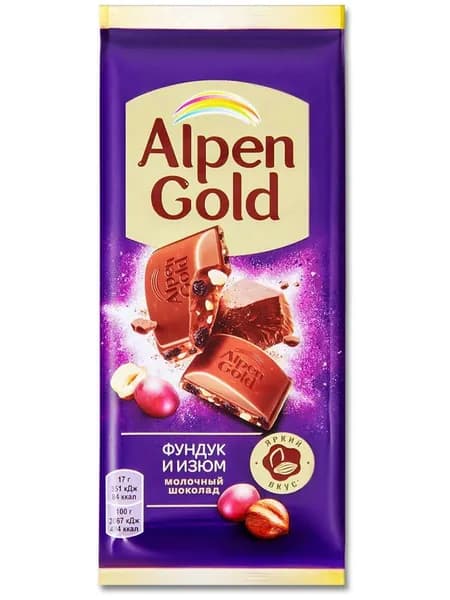 Альпен Голд Молочный шоколад с Фундуком и Изюмом, 80 г