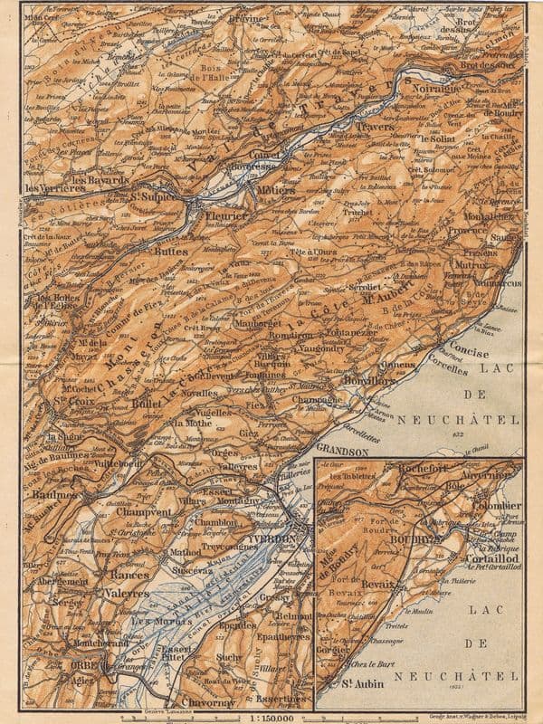 Карта (план). Швейцария. Невшательское озеро, Валь-де-Траверс и окрестности. Смешанная техника. Германия, Лейпциг, 1905 год