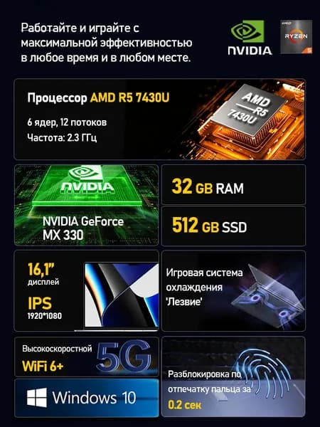 LVQ A57 Игровой ноутбук 16.1", AMD Ryzen 5 7430U, RAM 32 ГБ, SSD 512 ГБ, NVIDIA GeForce MX330 (2 Гб), Windows Home, (A57), серый металлик, черно-серый, Русская раскладка