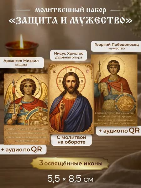 Набор карманных икон 5.5х8.5 см "Защита и мужество" Архангел Михаил Георгий Победоносец Иисус Христос, ламинированные, освящённые, QR аудио молитвы