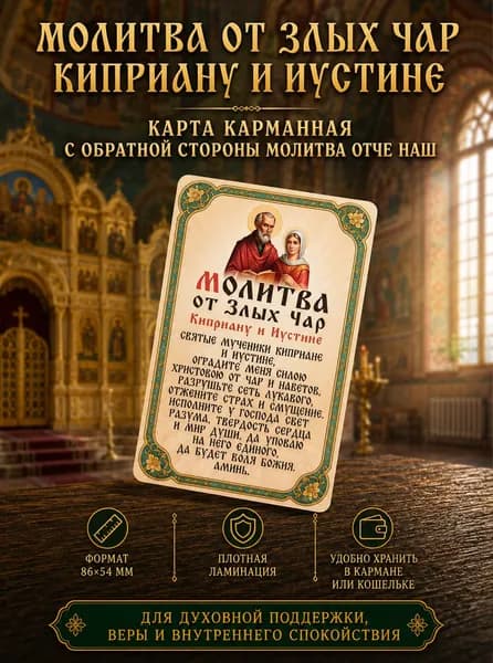Двусторонняя ламинированная карточка Молитва от злых чар (сглаза и недоброжелателей) Киприану и Иустине и Отче Наш, оберег в кошелек, 86х54 мм