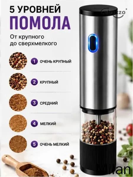 Электрическая мельница для специй, автоматическая, с керамическим жерновом, 5 уровней помола, Type-C зарядка, для перца, соли, кофе, нержавеющая сталь